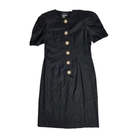 Positive Attitude Dresses & Skirts - VTG Positive Attitude Black Linen Blend Sheath Dress Button Puff Sleeve 9/10 EUC